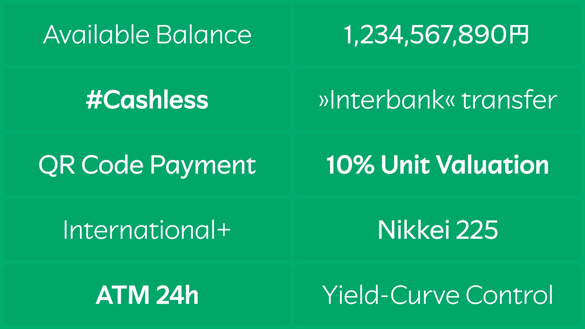 Banking terms such as Available Balance and #Cashless set in SMCC Headline on green — SMCC typeface specimen